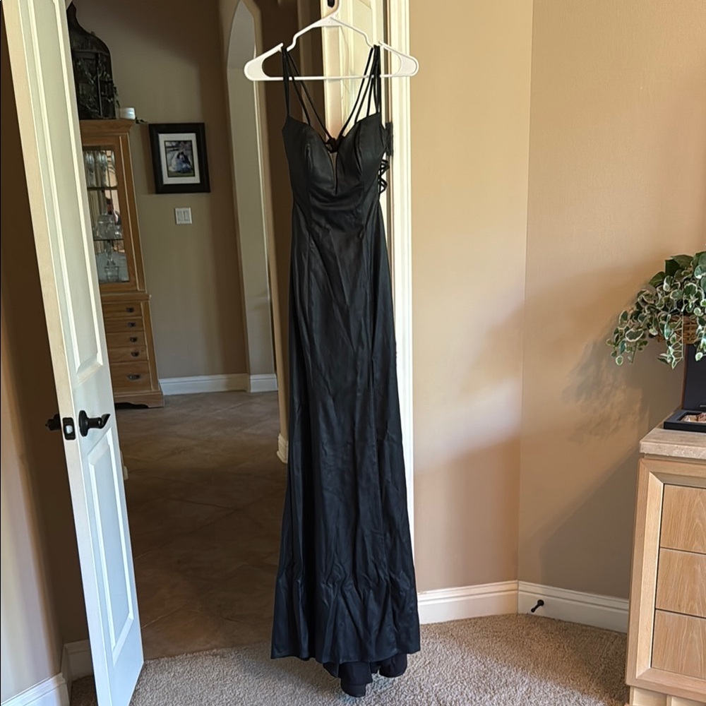La Femme Black Faux Leather Maxi Dress